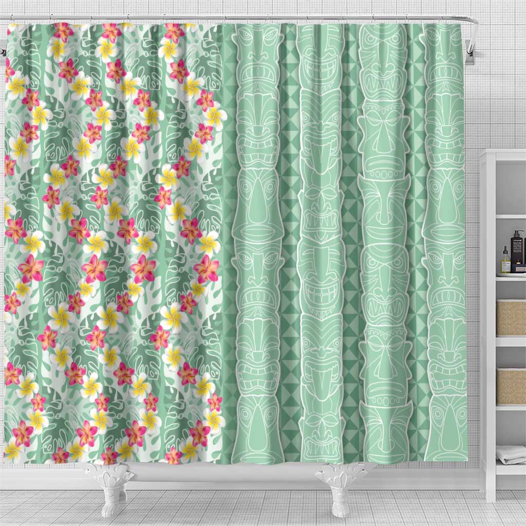 Menthol Green Aloha Hawaii Tiki Shower Curtain Tropical Plumeria - Seamless Style