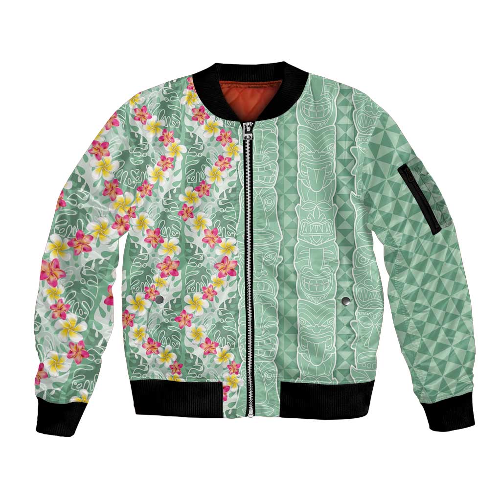 Menthol Green Aloha Hawaii Tiki Sleeve Zip Bomber Jacket Tropical Plumeria - Seamless Style LT14 Unisex Green - Polynesian Pride