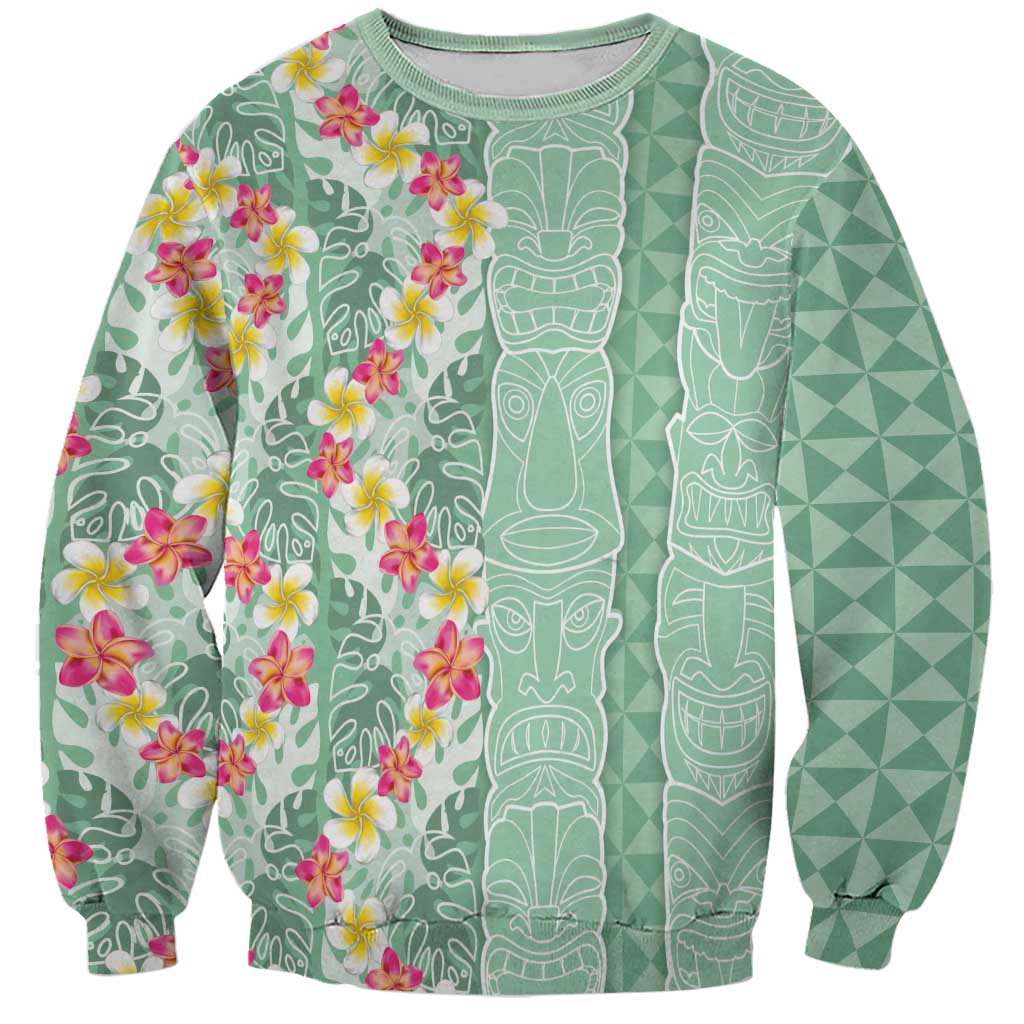 Menthol Green Aloha Hawaii Tiki Sweatshirt Tropical Plumeria - Seamless Style
