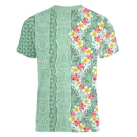 Menthol Green Aloha Hawaii Tiki Women V-Neck T-Shirt Tropical Plumeria - Seamless Style