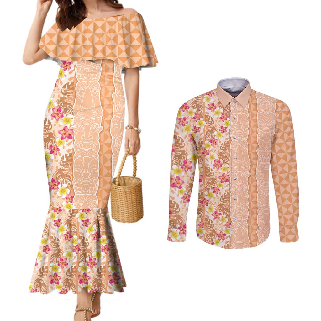 Orange Chiffon Aloha Hawaii Tiki Couples Matching Mermaid Dress and Long Sleeve Button Shirt Tropical Plumeria - Seamless Style
