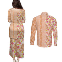 Orange Chiffon Aloha Hawaii Tiki Couples Matching Puletasi and Long Sleeve Button Shirt Tropical Plumeria - Seamless Style