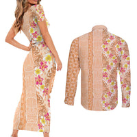 Orange Chiffon Aloha Hawaii Tiki Couples Matching Short Sleeve Bodycon Dress and Long Sleeve Button Shirt Tropical Plumeria - Seamless Style