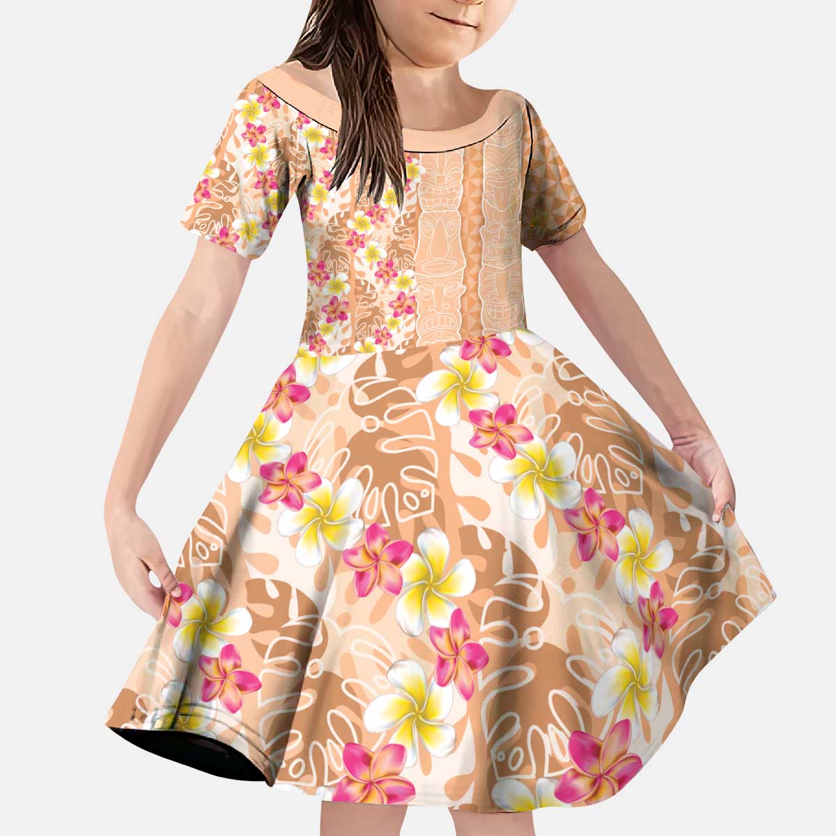 Orange Chiffon Aloha Hawaii Tiki Kid Short Sleeve Dress Tropical Plumeria - Seamless Style