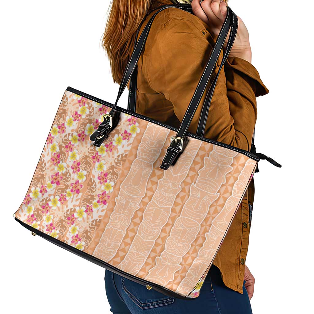 Orange Chiffon Aloha Hawaii Tiki Leather Tote Bag Tropical Plumeria - Seamless Style