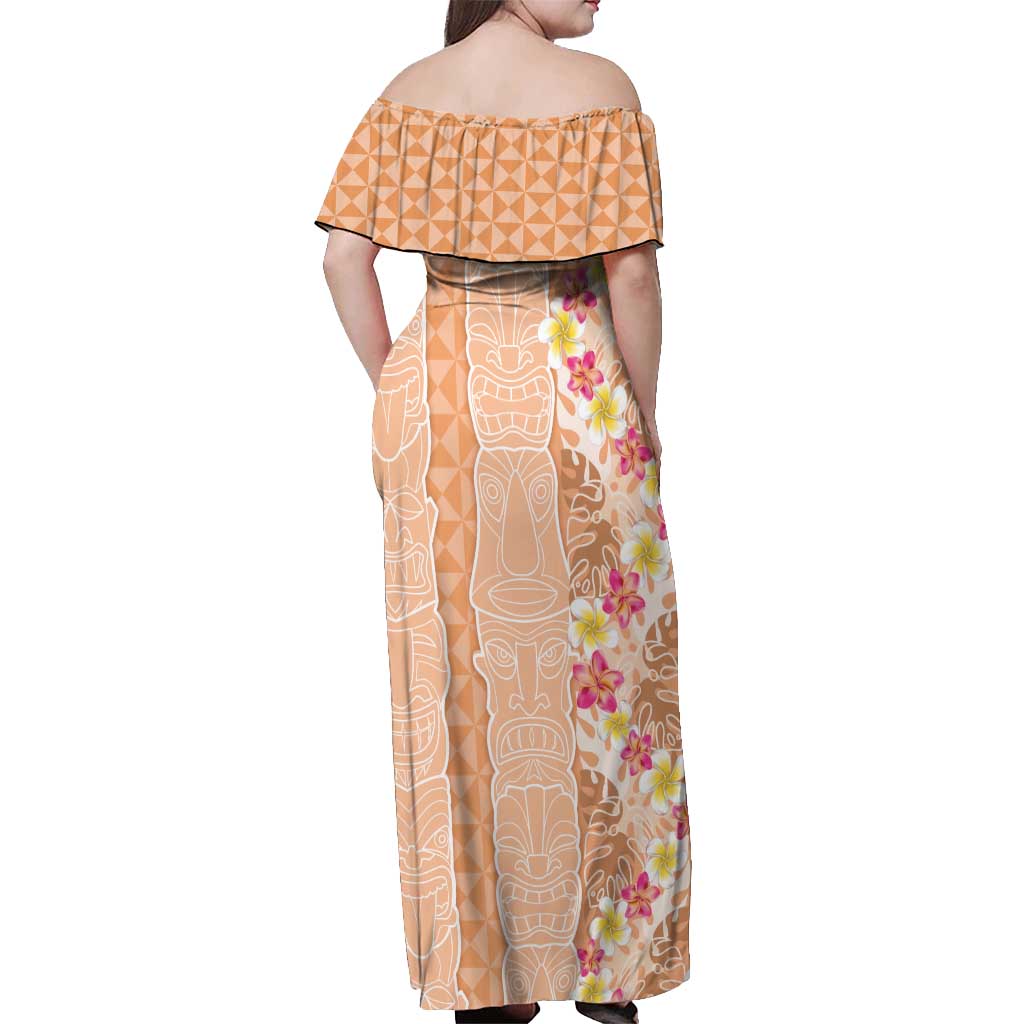 Orange Chiffon Aloha Hawaii Tiki Off Shoulder Maxi Dress Tropical Plumeria - Seamless Style