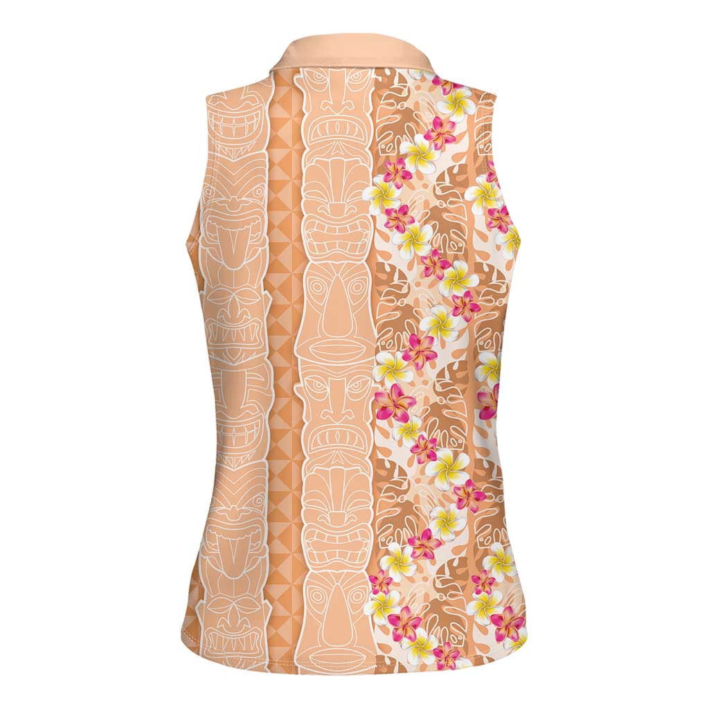 Orange Chiffon Aloha Hawaii Tiki Women Sleeveless Polo Shirt Tropical Plumeria - Seamless Style