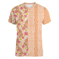 Orange Chiffon Aloha Hawaii Tiki Women V-Neck T-Shirt Tropical Plumeria - Seamless Style