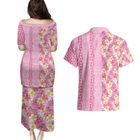 Pastel Magenta Aloha Hawaii Tiki Couples Matching Puletasi and Hawaiian Shirt Tropical Plumeria - Seamless Style