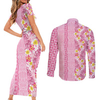 Pastel Magenta Aloha Hawaii Tiki Couples Matching Short Sleeve Bodycon Dress and Long Sleeve Button Shirt Tropical Plumeria - Seamless Style
