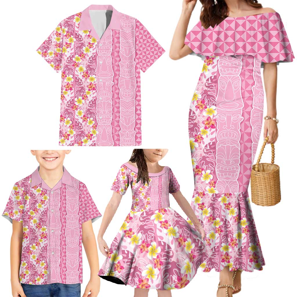 Pastel Magenta Aloha Hawaii Tiki Family Matching Mermaid Dress and Hawaiian Shirt Tropical Plumeria - Seamless Style