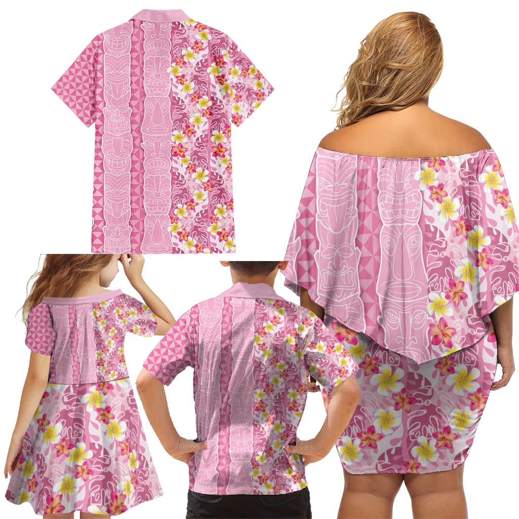 Pastel Magenta Aloha Hawaii Tiki Family Matching Off Shoulder Short Dress and Hawaiian Shirt Tropical Plumeria - Seamless Style