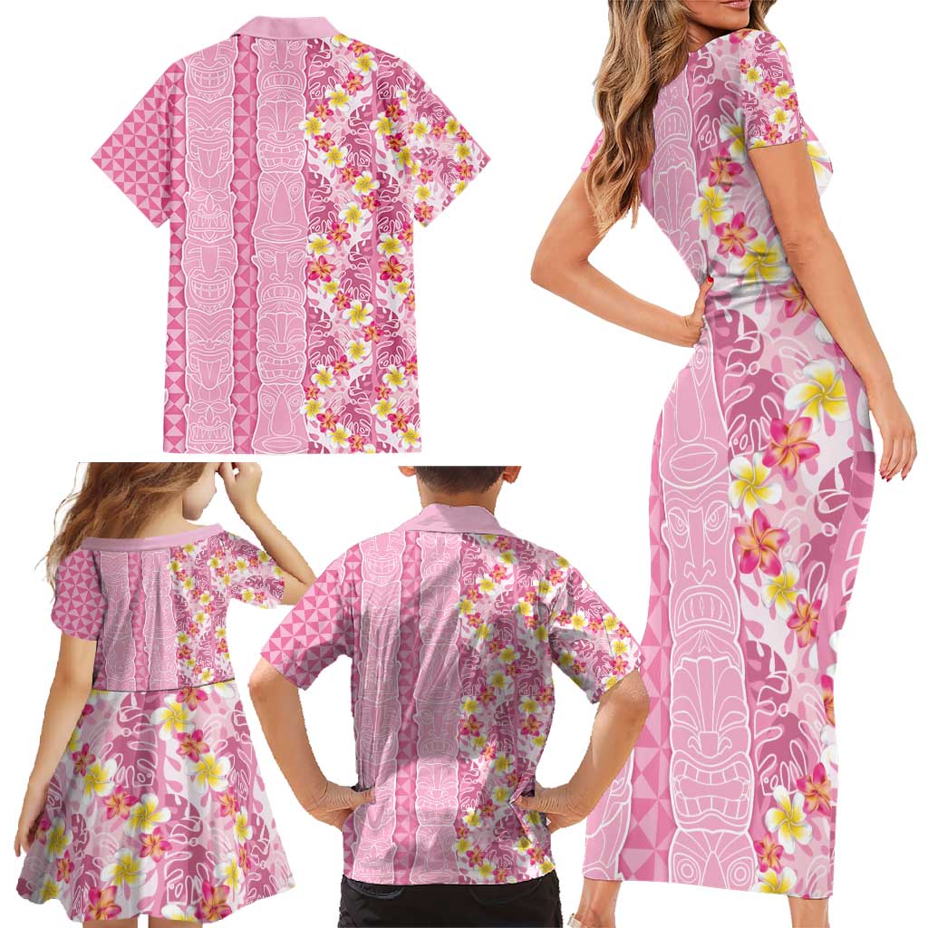 Pastel Magenta Aloha Hawaii Tiki Family Matching Short Sleeve Bodycon Dress and Hawaiian Shirt Tropical Plumeria - Seamless Style