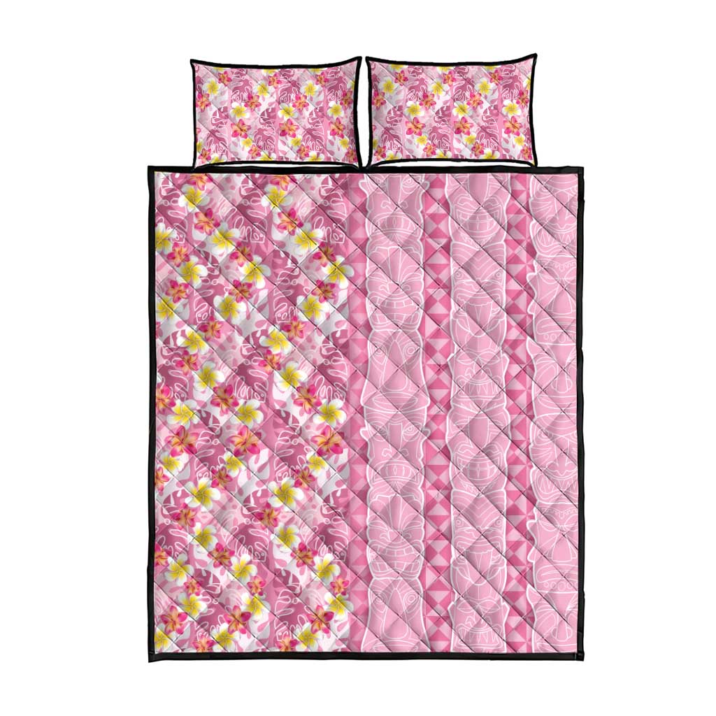 Pastel Magenta Aloha Hawaii Tiki Quilt Bed Set Tropical Plumeria - Seamless Style