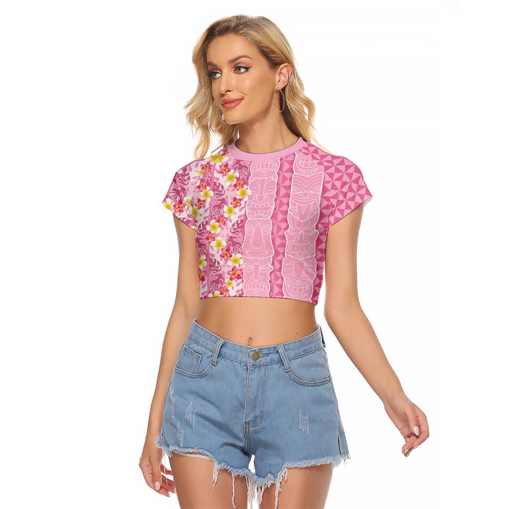 Pastel Magenta Aloha Hawaii Tiki Raglan Cropped T Shirt Tropical Plumeria - Seamless Style