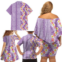 Lush Lilac Aloha Hawaii Tiki Family Matching Off Shoulder Short Dress and Hawaiian Shirt Tropical Plumeria - Seamless Style