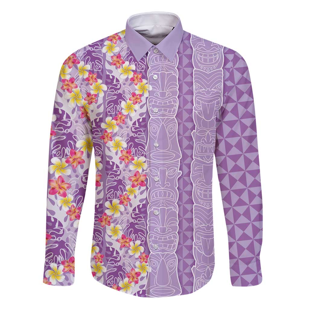 Lush Lilac Aloha Hawaii Tiki Family Matching Tank Maxi Dress and Hawaiian Shirt Tropical Plumeria - Seamless Style LT14 Dad's Shirt - Long Sleeve Purple - Polynesian Pride