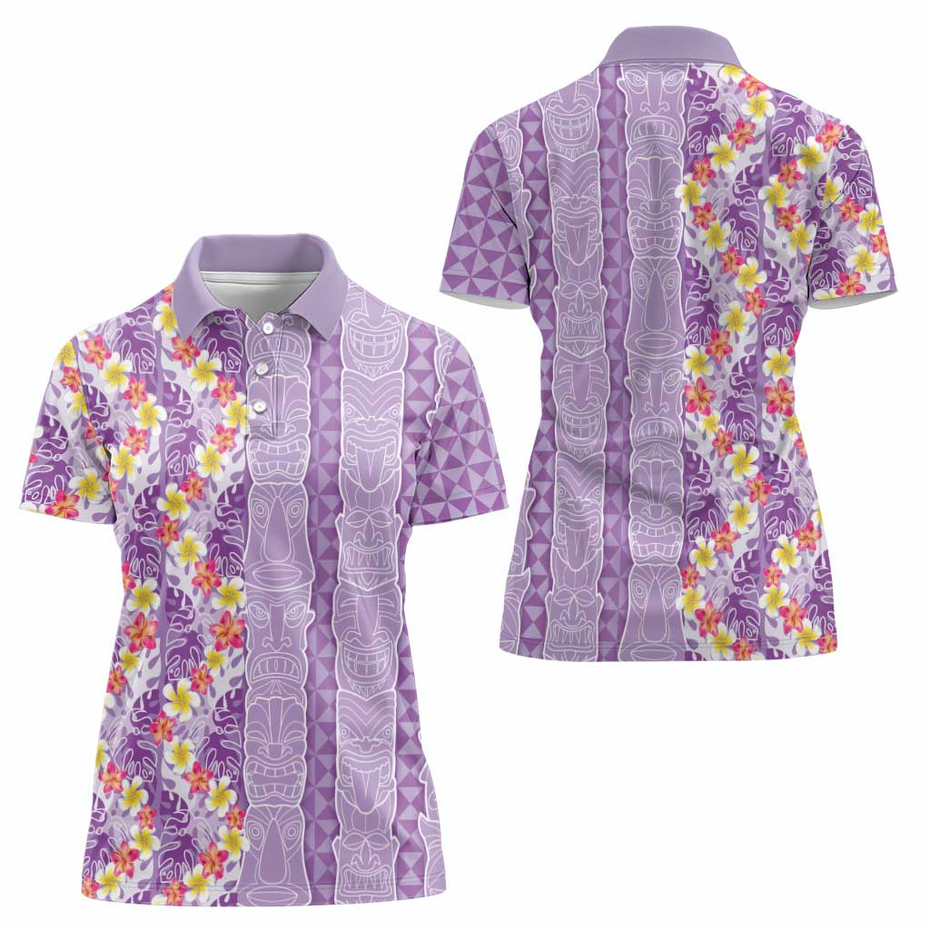 Lush Lilac Aloha Hawaii Tiki Women Polo Shirt Tropical Plumeria - Seamless Style