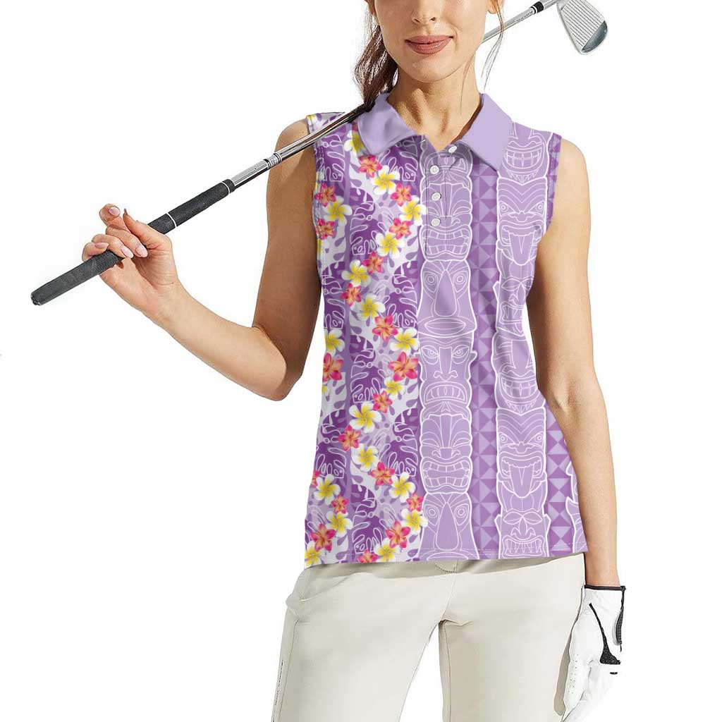 Lush Lilac Aloha Hawaii Tiki Women Sleeveless Polo Shirt Tropical Plumeria - Seamless Style