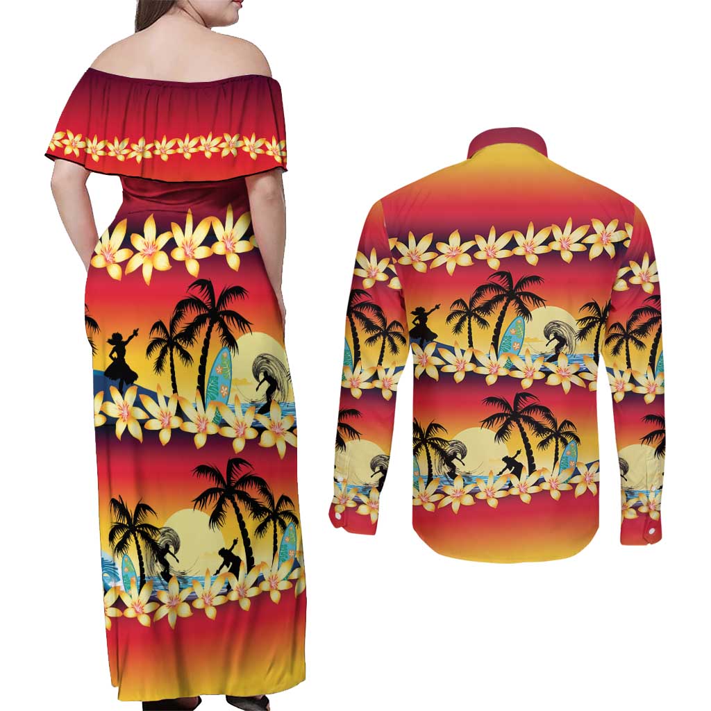 Tropical Islands Sunset Hawaii Couples Matching Off Shoulder Maxi Dress and Long Sleeve Button Shirt Go Surfing With Hula Girl - Summer Vibes