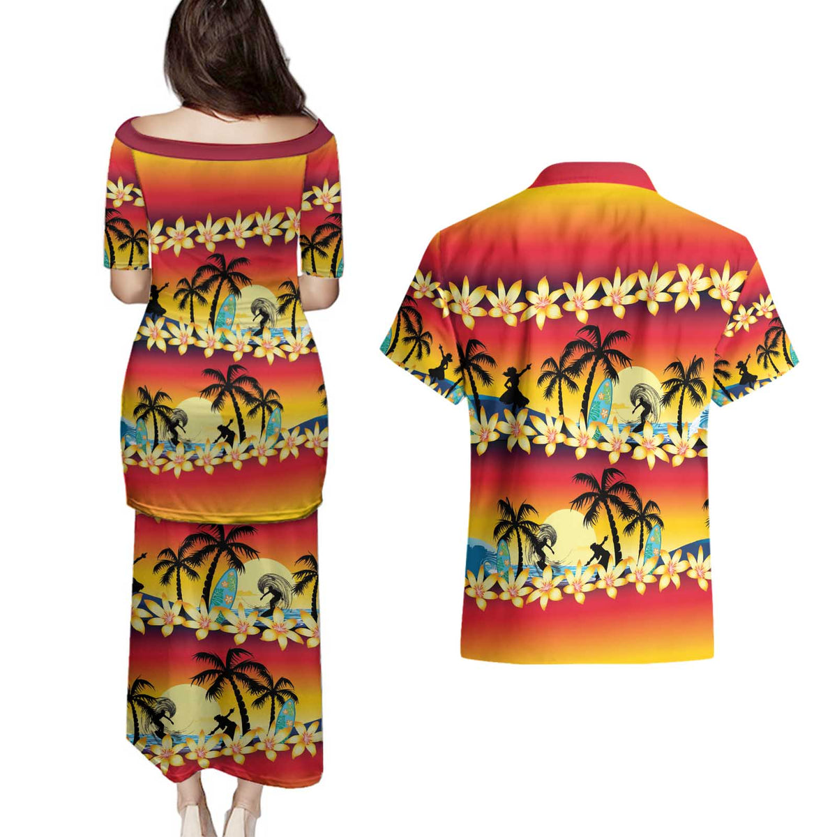 Tropical Islands Sunset Hawaii Couples Matching Puletasi and Hawaiian Shirt Go Surfing With Hula Girl - Summer Vibes