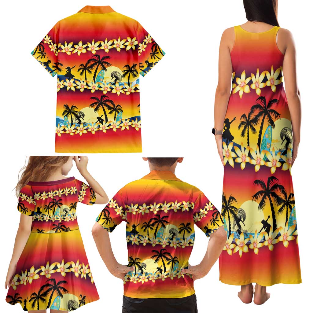 Tropical Islands Sunset Hawaii Family Matching Tank Maxi Dress and Hawaiian Shirt Go Surfing With Hula Girl - Summer Vibes