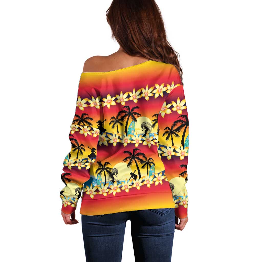 Tropical Islands Sunset Hawaii Off Shoulder Sweater Go Surfing With Hula Girl - Summer Vibes