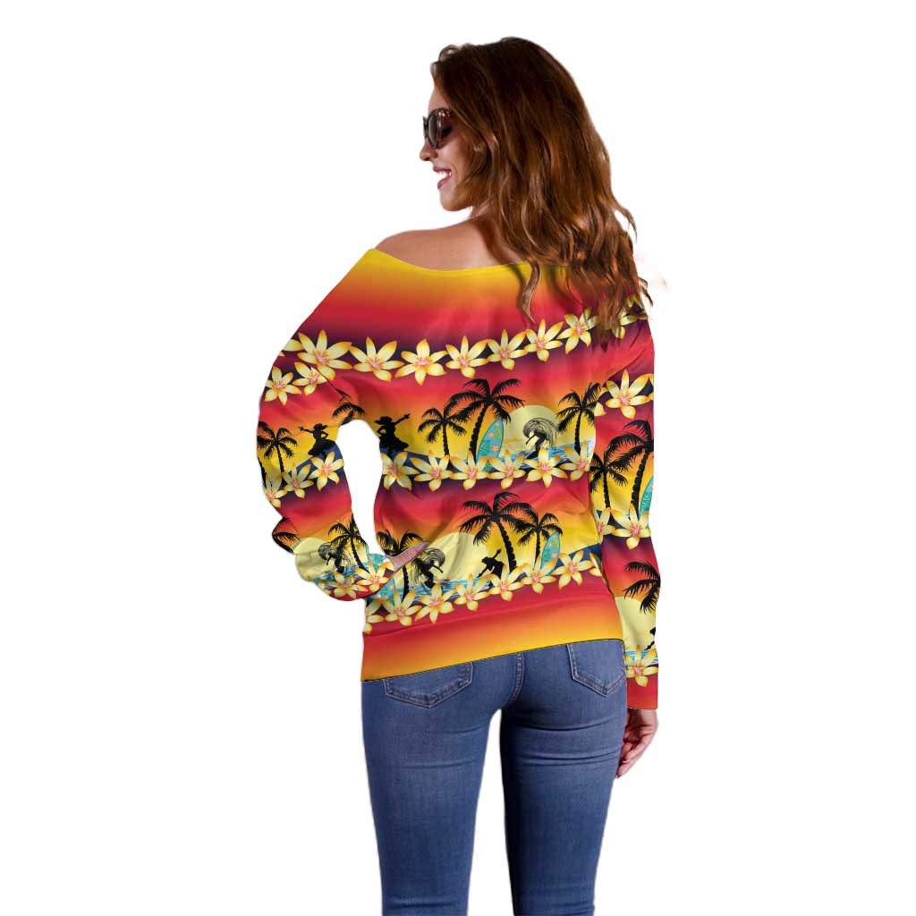 Tropical Islands Sunset Hawaii Off Shoulder Sweater Go Surfing With Hula Girl - Summer Vibes