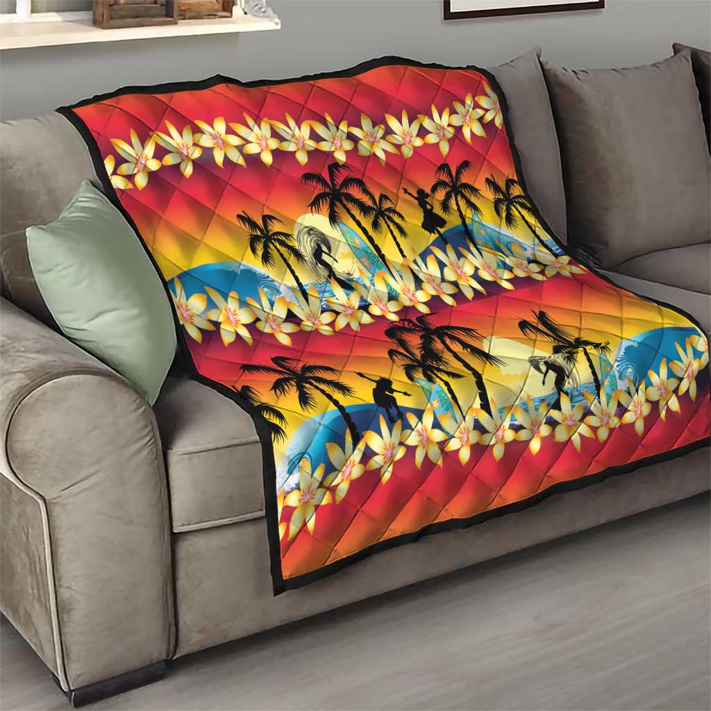 Tropical Islands Sunset Hawaii Quilt Go Surfing With Hula Girl - Summer Vibes