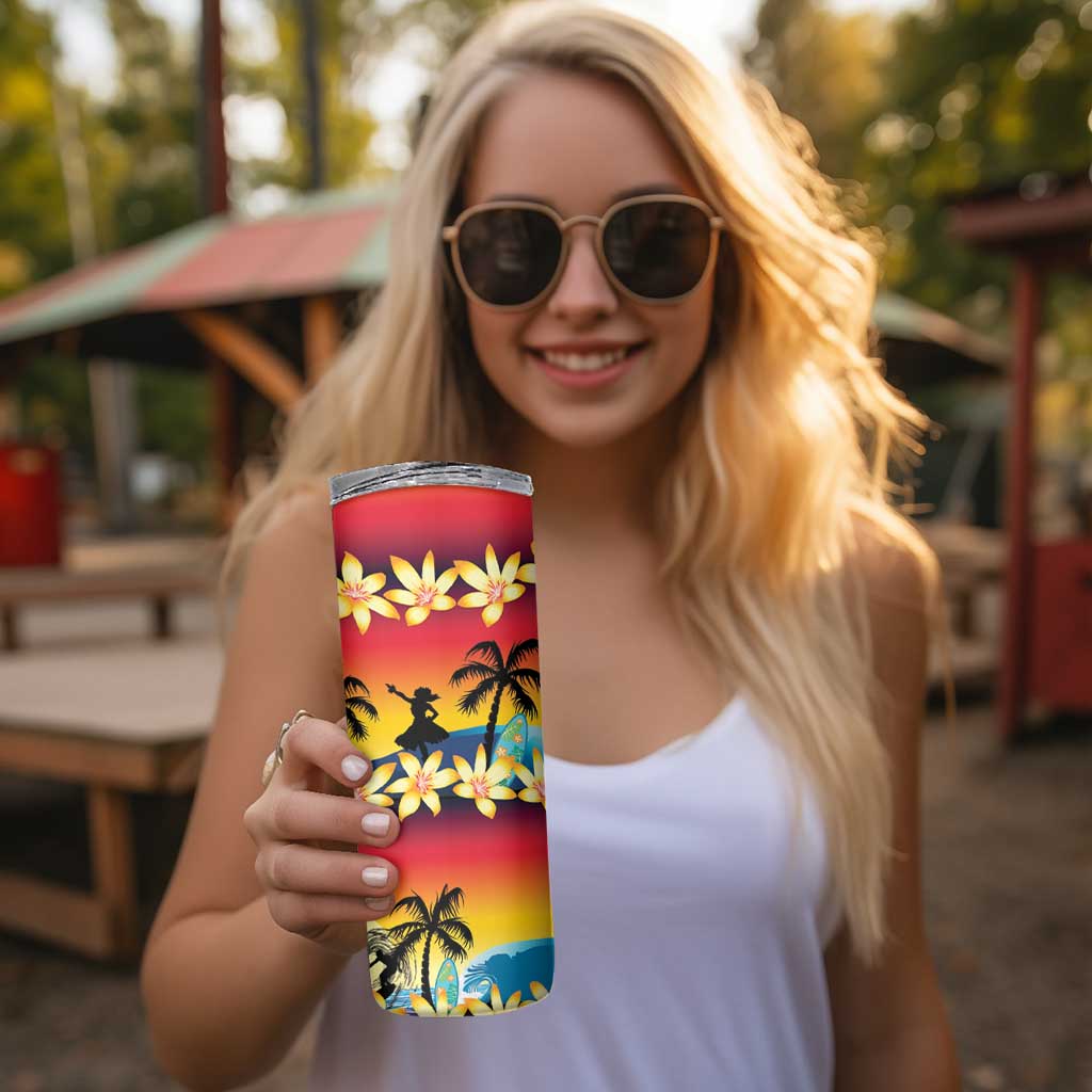 Tropical Islands Sunset Hawaii Skinny Tumbler Go Surfing With Hula Girl - Summer Vibes