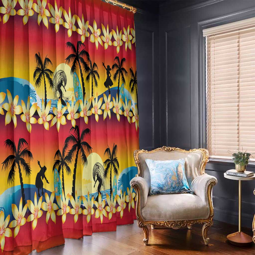 Tropical Islands Sunset Hawaii Window Curtain Go Surfing With Hula Girl - Summer Vibes