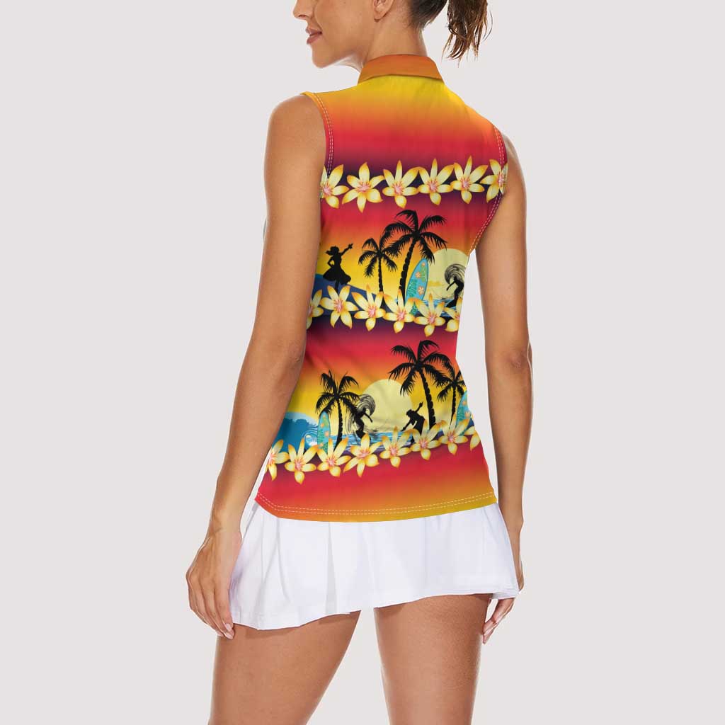 Tropical Islands Sunset Hawaii Women Sleeveless Polo Shirt Go Surfing With Hula Girl - Summer Vibes