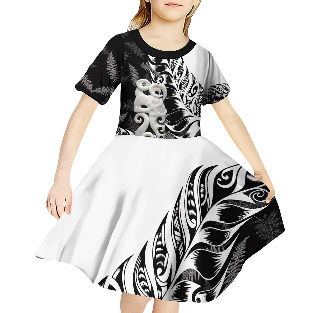 Aotearoa Manaia NZ Maori Silver Fern Kid Short Sleeve Dress LT14 - Polynesian Pride