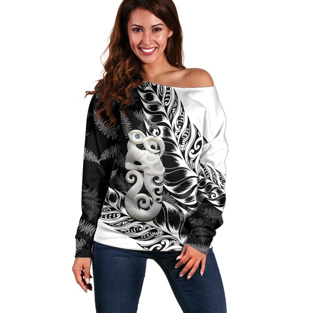 Aotearoa Manaia NZ Maori Silver Fern Off Shoulder Sweater LT14 Women Black - Polynesian Pride