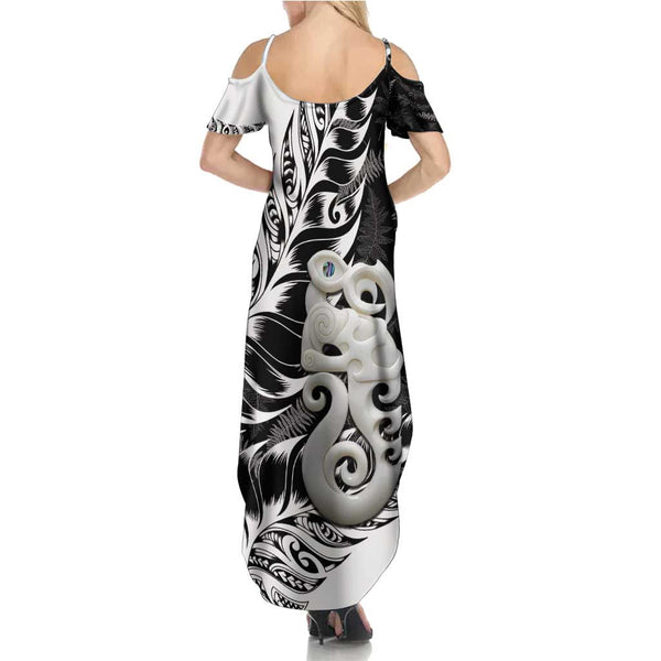 Custom Aotearoa New Zealand Summer Maxi Dress Silver Fern and Matau with Maori Tribal Red Style LT03