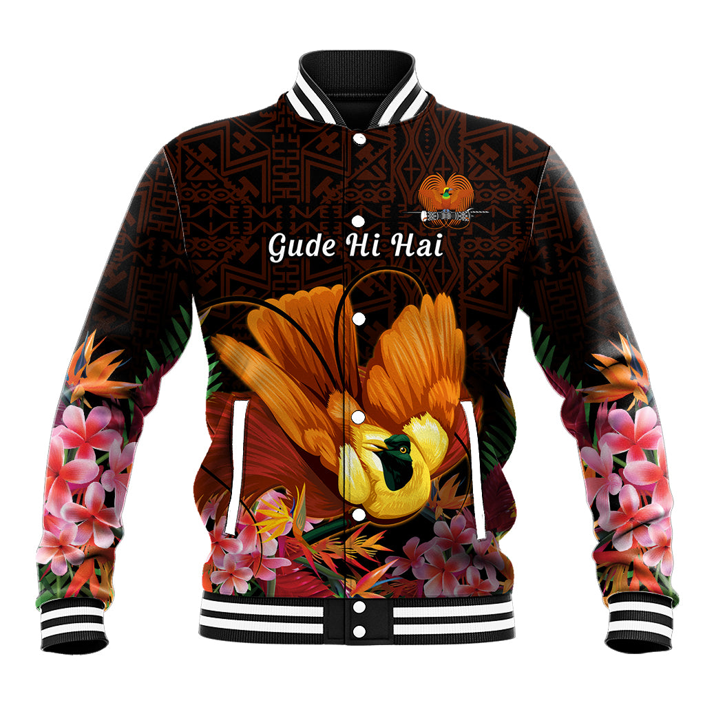 Gude Hi Hai Papua New Guinea Baseball Jacket Motuan PNG Raggiana Bird of Paradise Tropical Vibes LT14 Unisex Black - Polynesian Pride