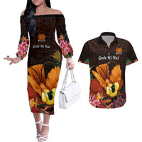 Gude Hi Hai Papua New Guinea Couples Matching Off The Shoulder Long Sleeve Dress and Hawaiian Shirt Motuan PNG Raggiana Bird of Paradise Tropical Vibes LT14 Black - Polynesian Pride