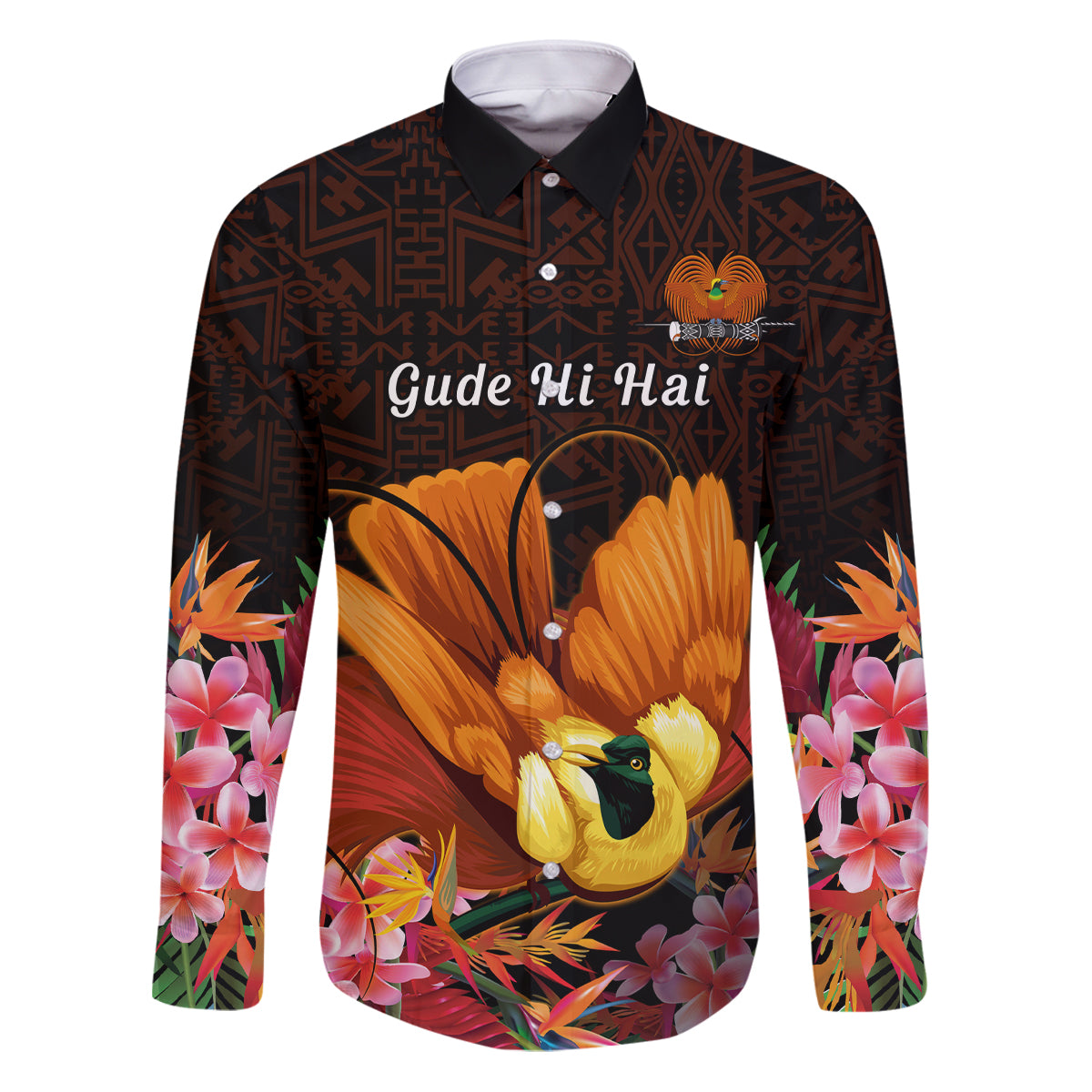 Gude Hi Hai Papua New Guinea Family Matching Puletasi and Hawaiian Shirt Motuan PNG Raggiana Bird of Paradise Tropical Vibes LT14 Dad's Shirt - Long Sleeve Black - Polynesian Pride
