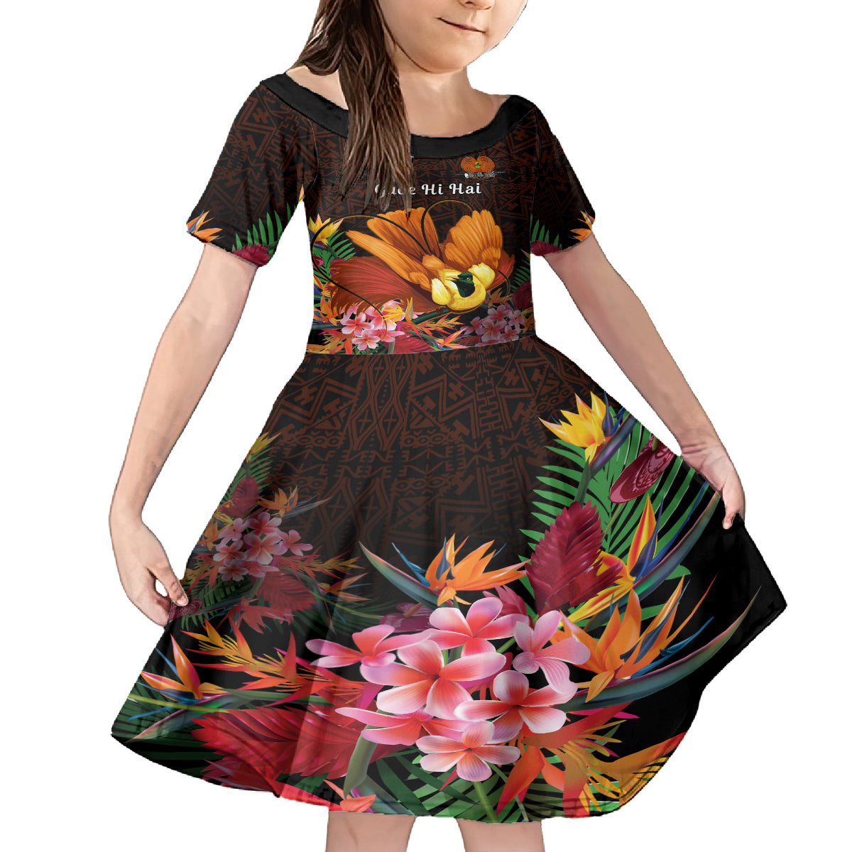 Gude Hi Hai Papua New Guinea Kid Short Sleeve Dress Motuan PNG Raggiana Bird of Paradise Tropical Vibes LT14 KID Black - Polynesian Pride