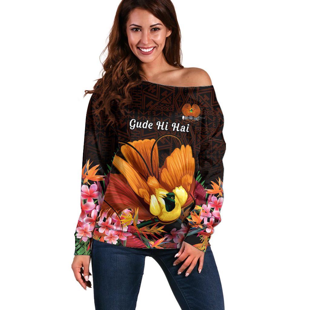 Gude Hi Hai Papua New Guinea Off Shoulder Sweater Motuan PNG Raggiana Bird of Paradise Tropical Vibes LT14 Women Black - Polynesian Pride