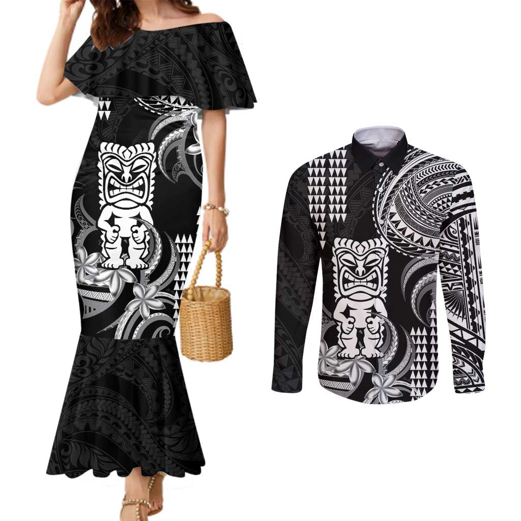 Hawaii Ku God Couples Matching Mermaid Dress and Long Sleeve Button Shirt Kakau Mix Polynesian Tattoo
