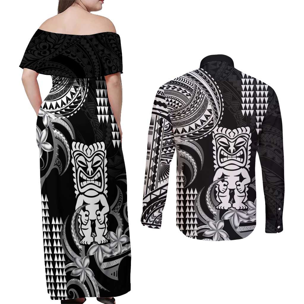 Hawaii Ku God Couples Matching Off Shoulder Maxi Dress and Long Sleeve Button Shirt Kakau Mix Polynesian Tattoo