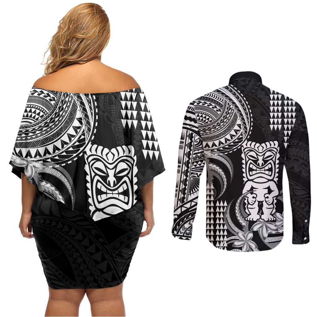 Hawaii Ku God Couples Matching Off Shoulder Short Dress and Long Sleeve Button Shirt Kakau Mix Polynesian Tattoo