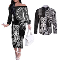 Hawaii Ku God Couples Matching Off The Shoulder Long Sleeve Dress and Long Sleeve Button Shirt Kakau Mix Polynesian Tattoo