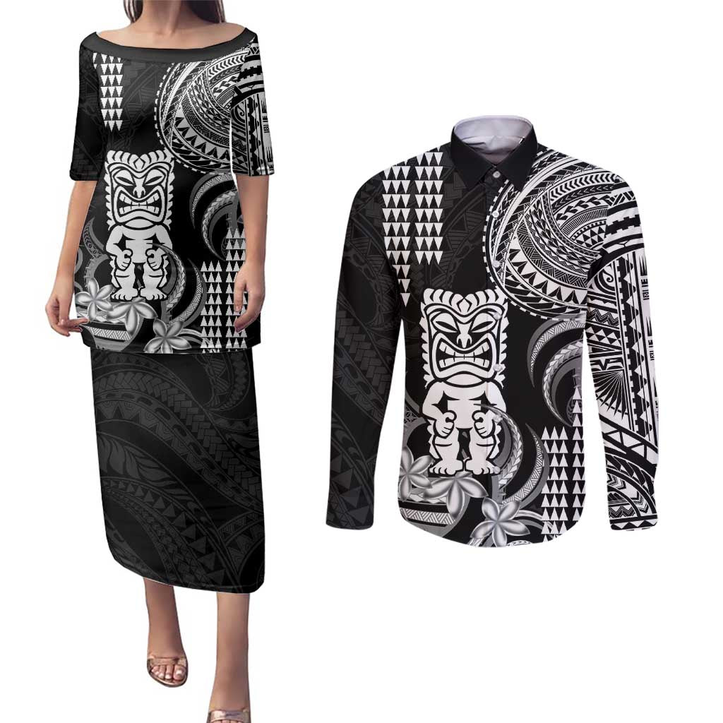 Hawaii Ku God Couples Matching Puletasi and Long Sleeve Button Shirt Kakau Mix Polynesian Tattoo