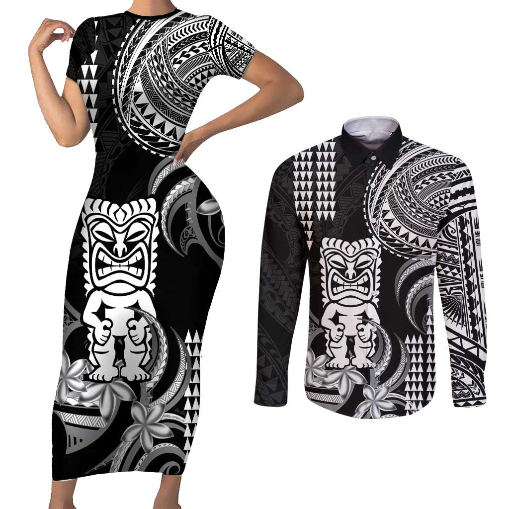 Hawaii Ku God Couples Matching Short Sleeve Bodycon Dress and Long Sleeve Button Shirt Kakau Mix Polynesian Tattoo