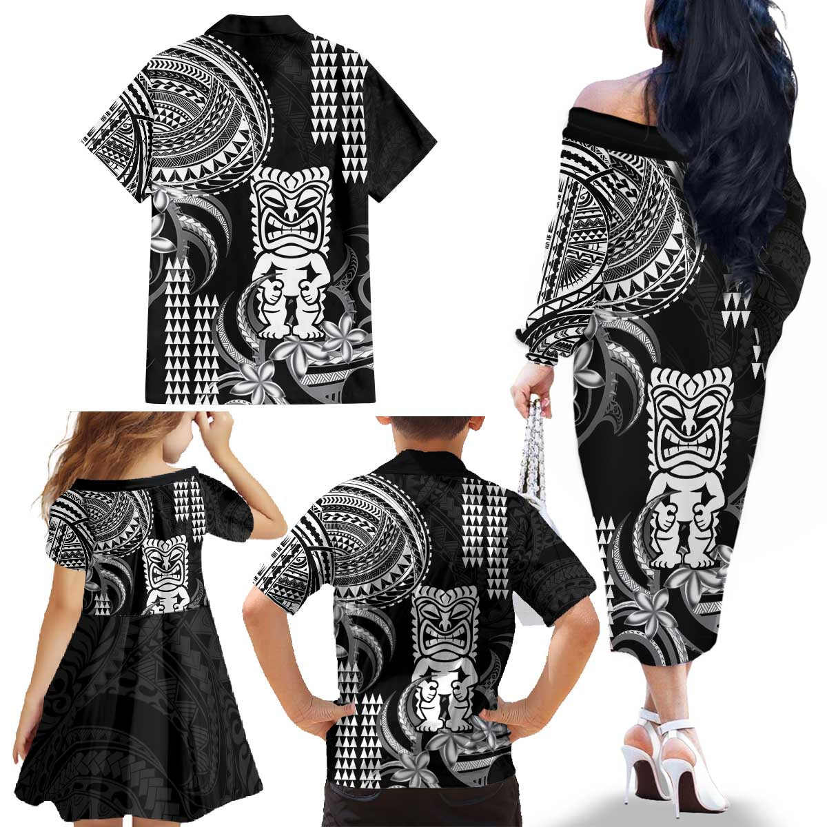 Hawaii Ku God Family Matching Off The Shoulder Long Sleeve Dress and Hawaiian Shirt Kakau Mix Polynesian Tattoo