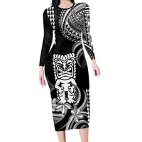 Hawaii Ku God Long Sleeve Bodycon Dress Kakau Mix Polynesian Tattoo LT14 Long Dress Black - Polynesian Pride