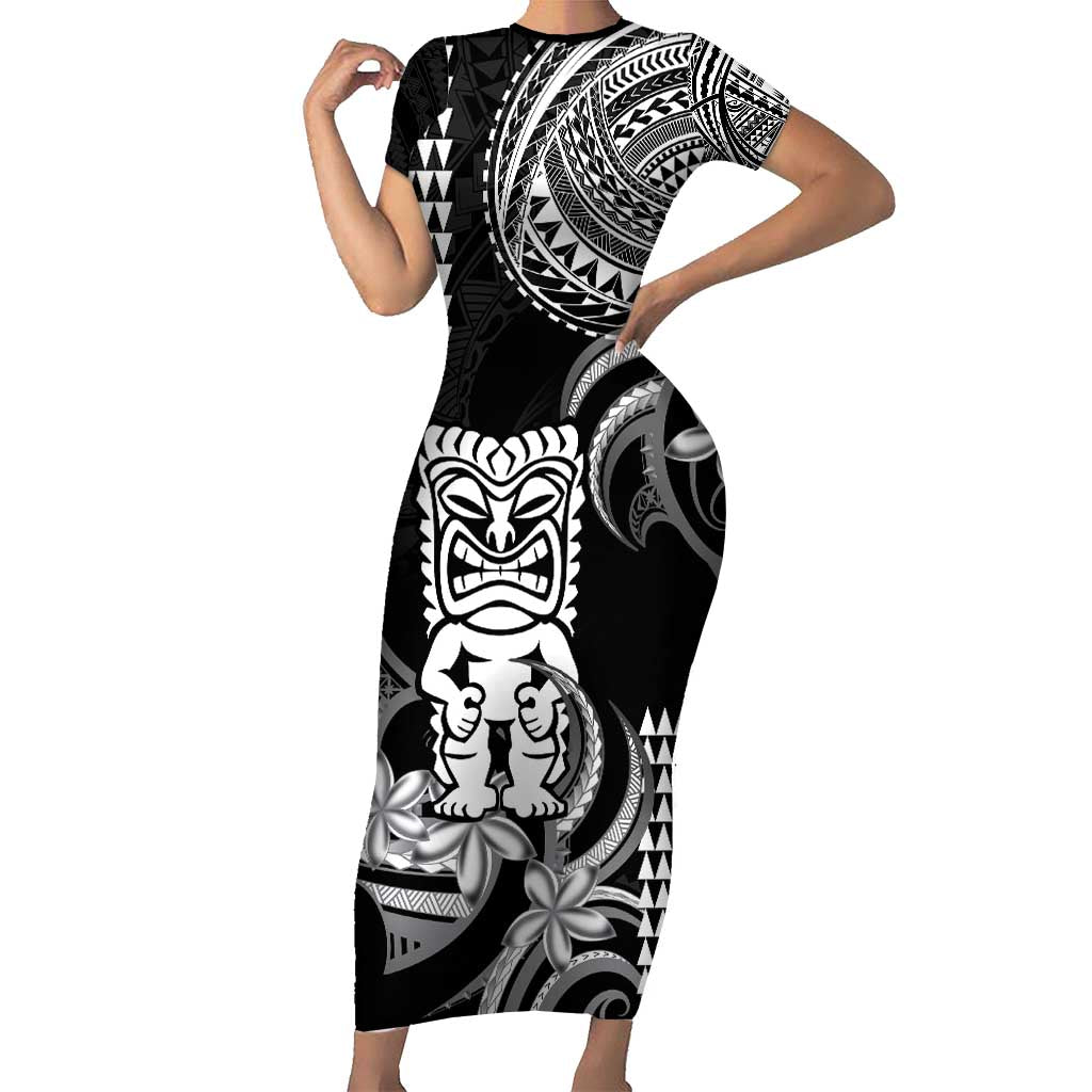 Hawaii Ku God Short Sleeve Bodycon Dress Kakau Mix Polynesian Tattoo LT14 Long Dress Black - Polynesian Pride