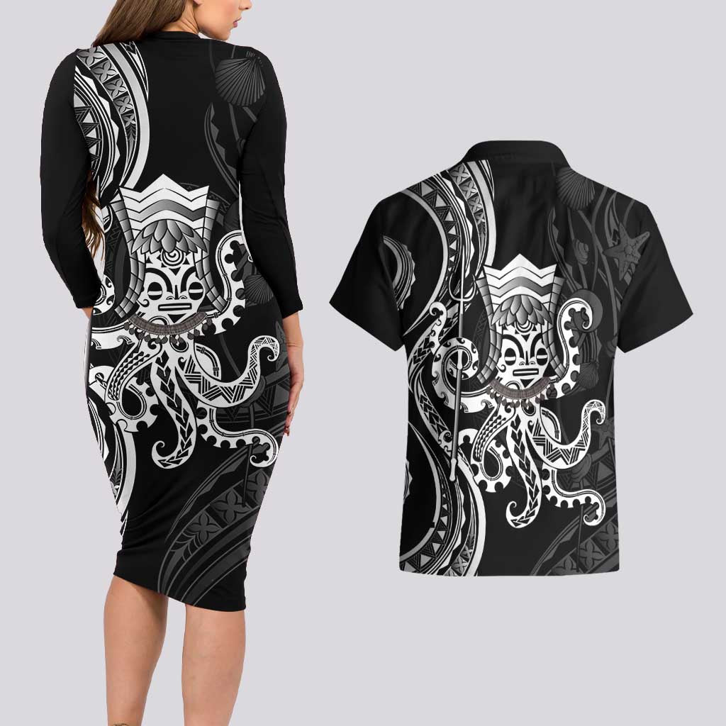 Black Hawaii Kanaloa God Couples Matching Long Sleeve Bodycon Dress and Hawaiian Shirt Hawaiian Octopus
